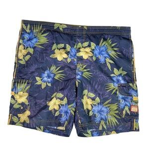 Caribbean Joe Floral Swim shorts  Sz L‎ Navy Blue with Blue and Tan flowers.